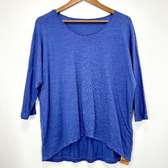 Eileen Fisher Indigo Round Neck 3/4 Sleeve 100% Linen Tunic Blouse Women's XS - Picture 1 of 9